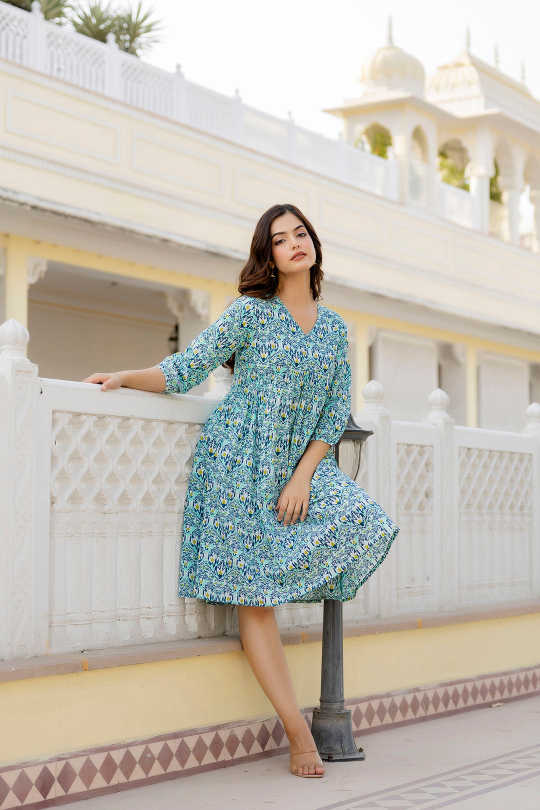 Women's Green Printed Flared Dress - Taantav