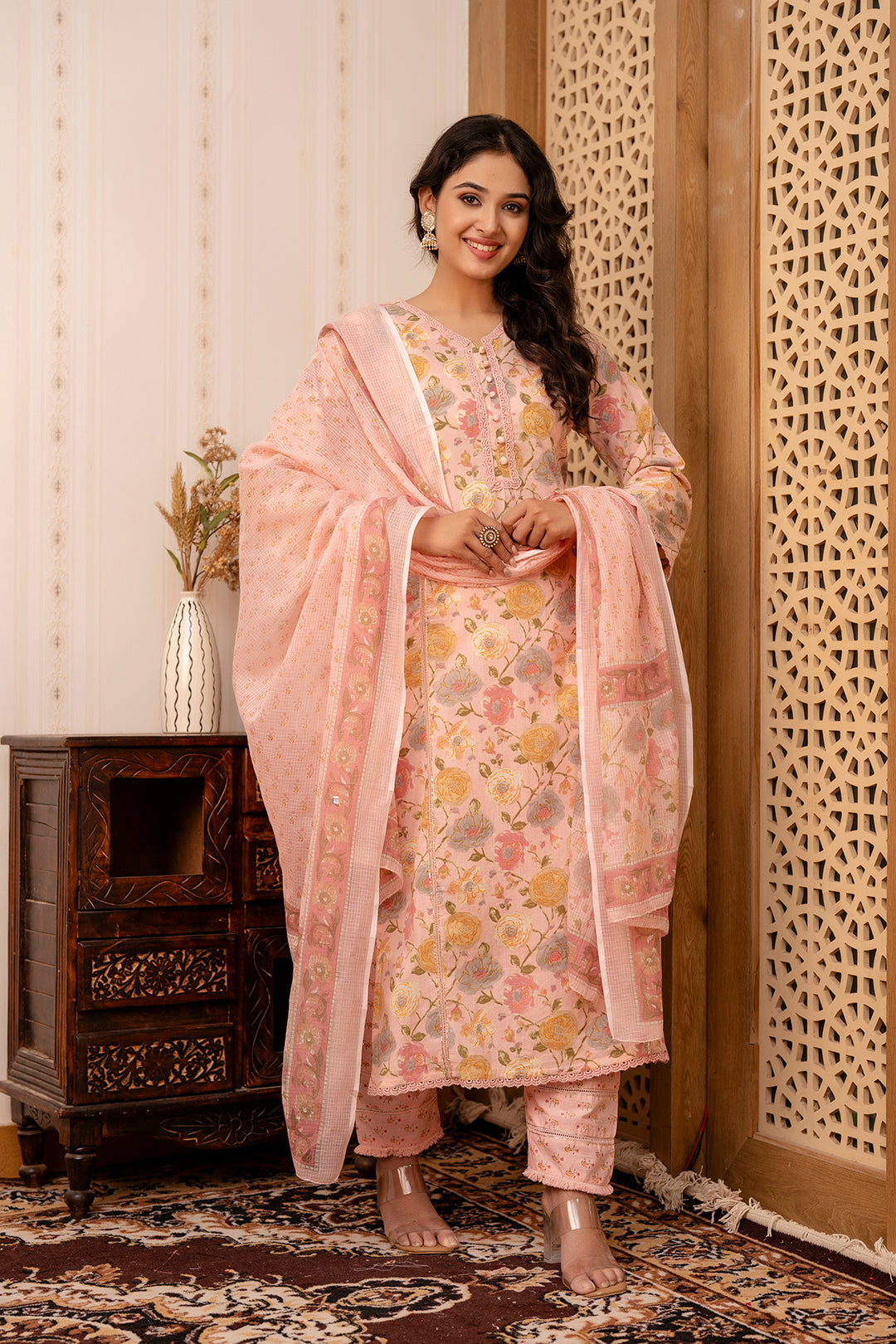 Women's Pink Printed Straight Kurta And Trouser With Dupatta - Taantav