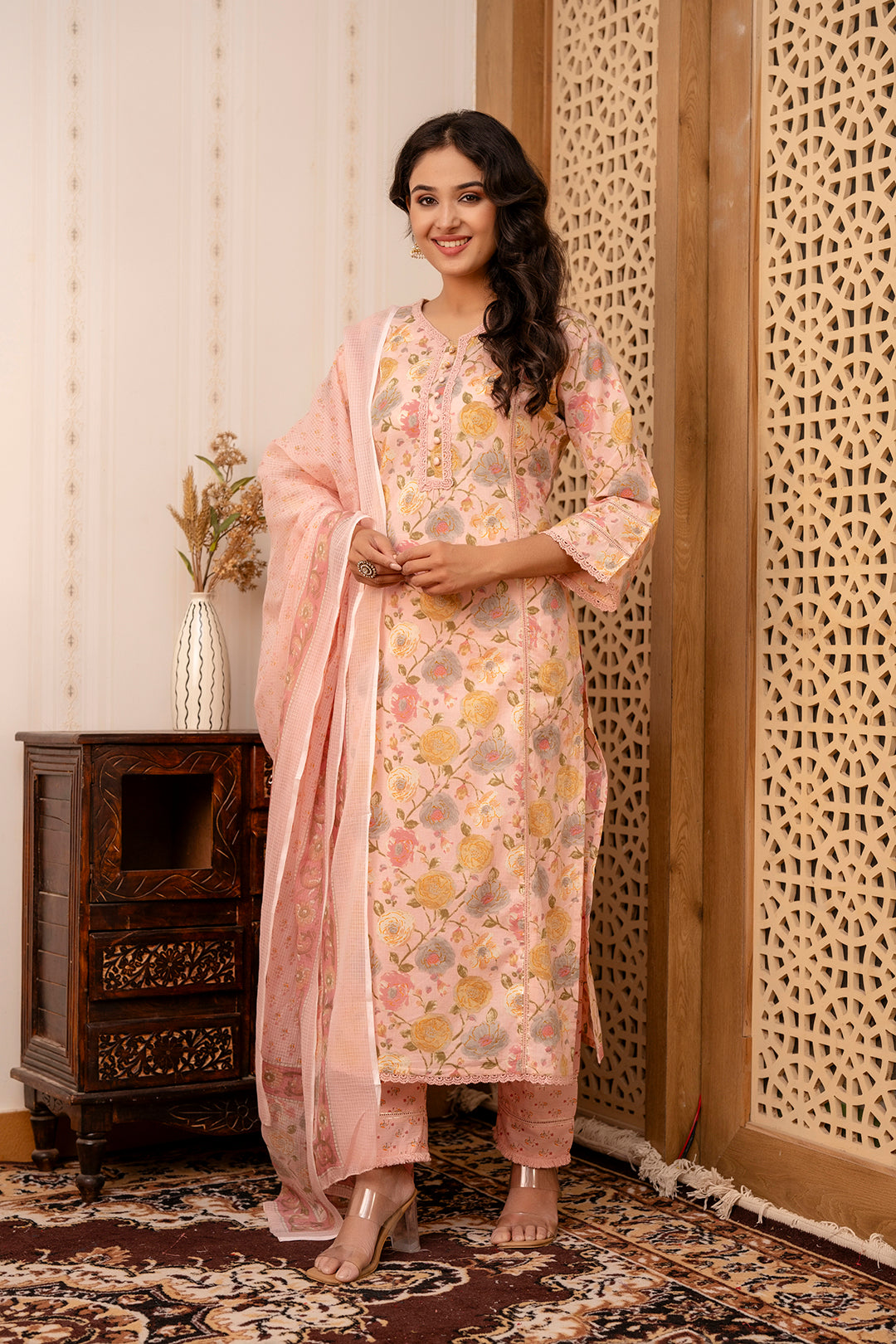 Women's Pink Printed Straight Kurta And Trouser With Dupatta - Taantav