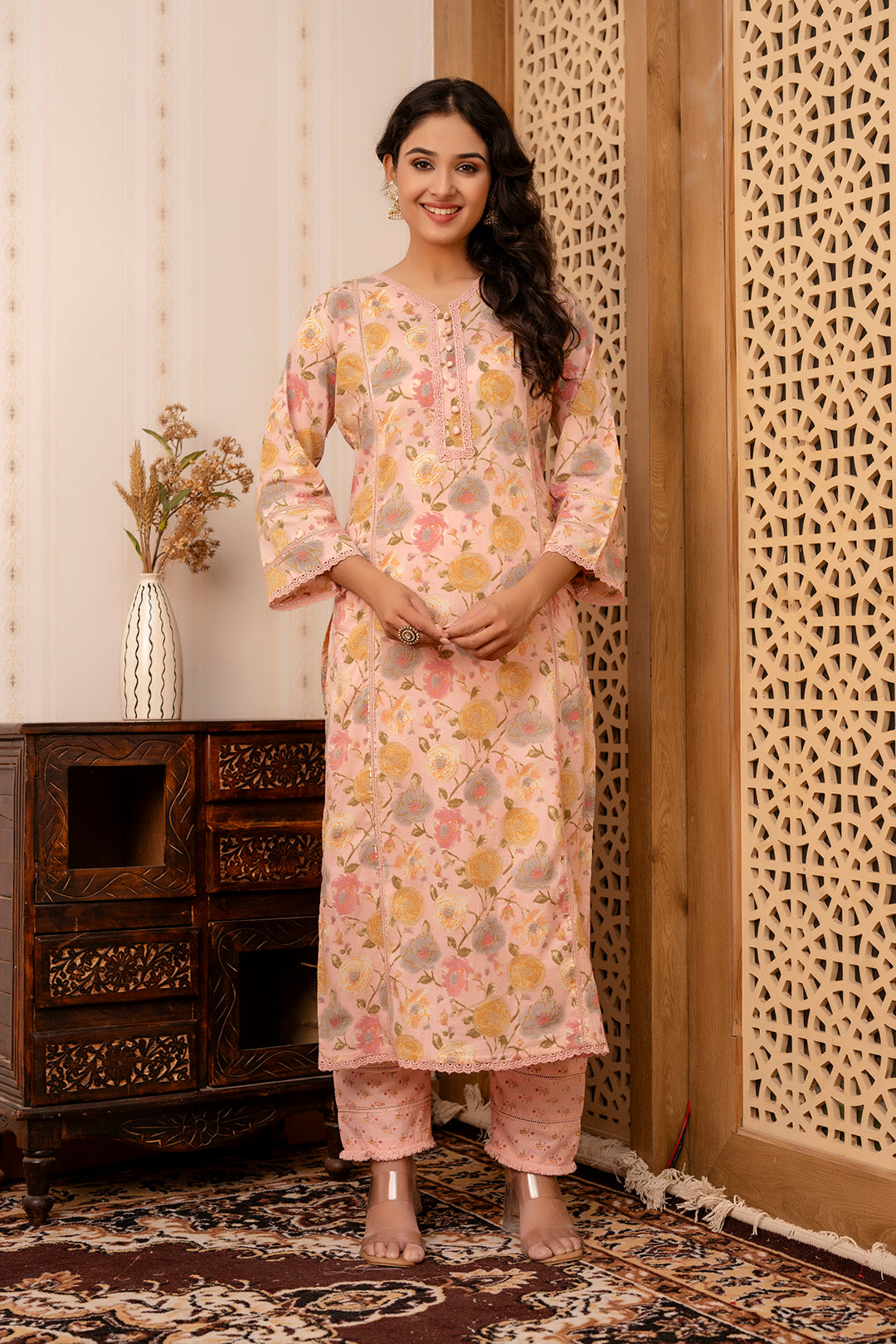 Women's Pink Printed Straight Kurta And Trouser With Dupatta - Taantav