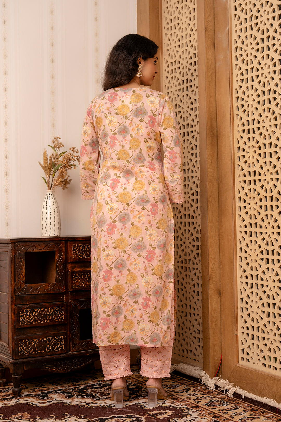 Women's Pink Printed Straight Kurta And Trouser With Dupatta - Taantav