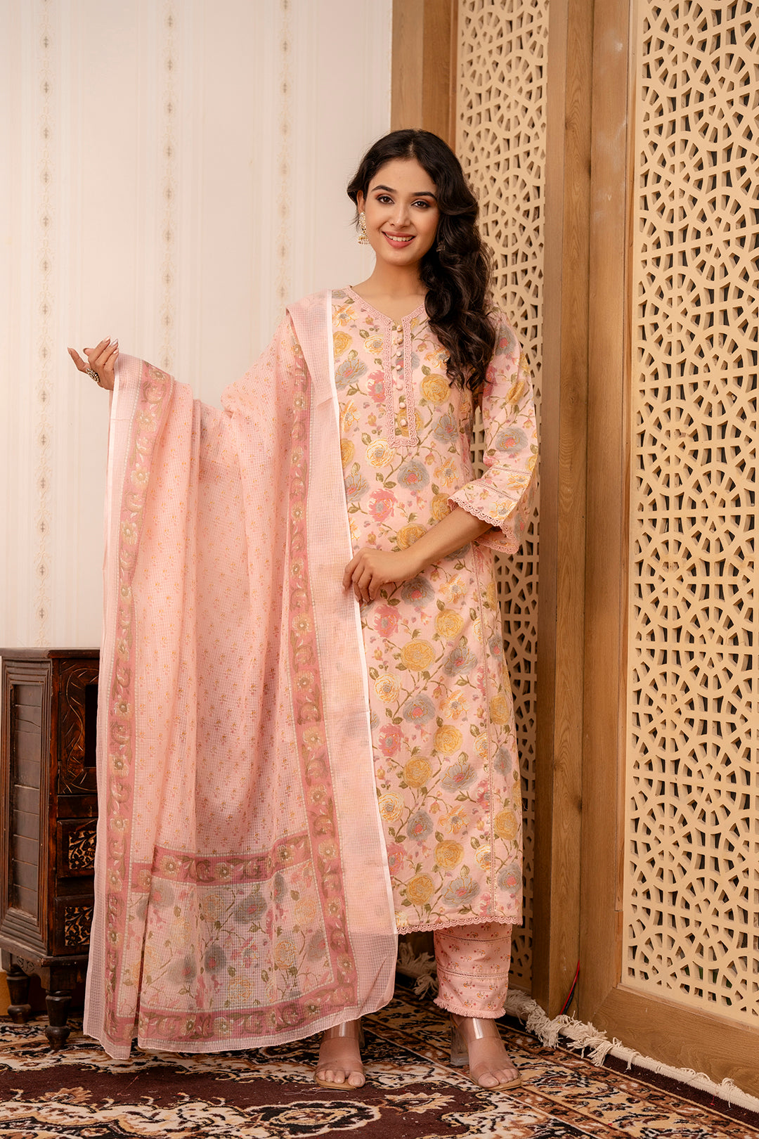 Women's Pink Printed Straight Kurta And Trouser With Dupatta - Taantav