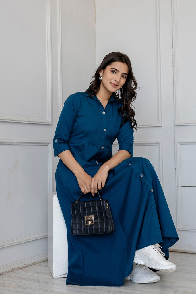 Women's Teal Solid Flared Dress With Three quarter Sleeves