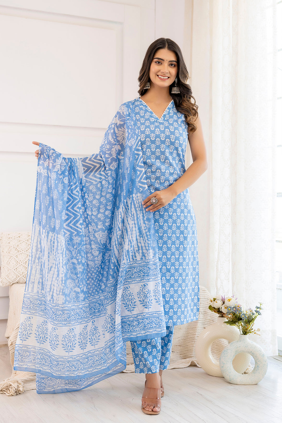 Women's Aqua Blue Printed Straight Kurta With Trouser And Dupatta - Taantav