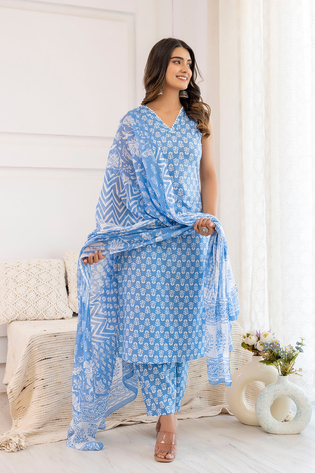 Women's Aqua Blue Printed Straight Kurta With Trouser And Dupatta - Taantav