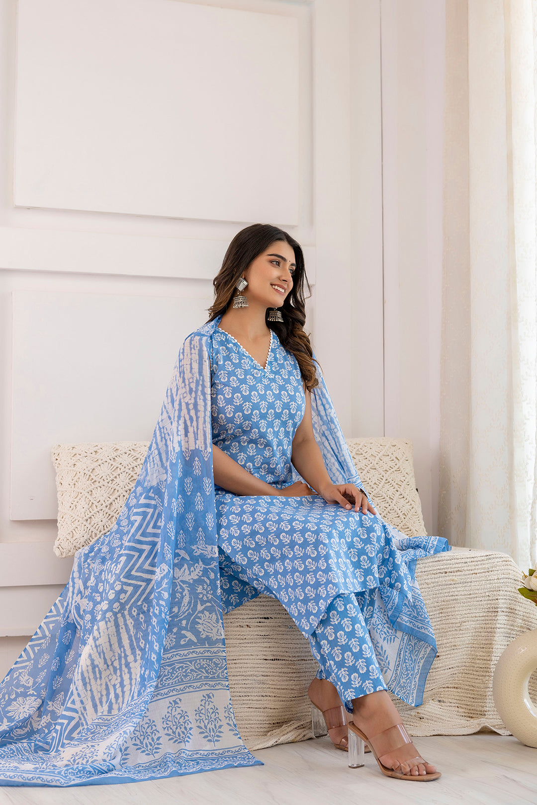 Women's Aqua Blue Printed Straight Kurta With Trouser And Dupatta - Taantav