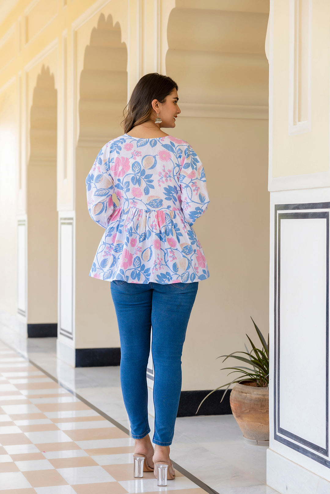 Women's White Floral Printed V-Neck Peplum Tunic - Taantav