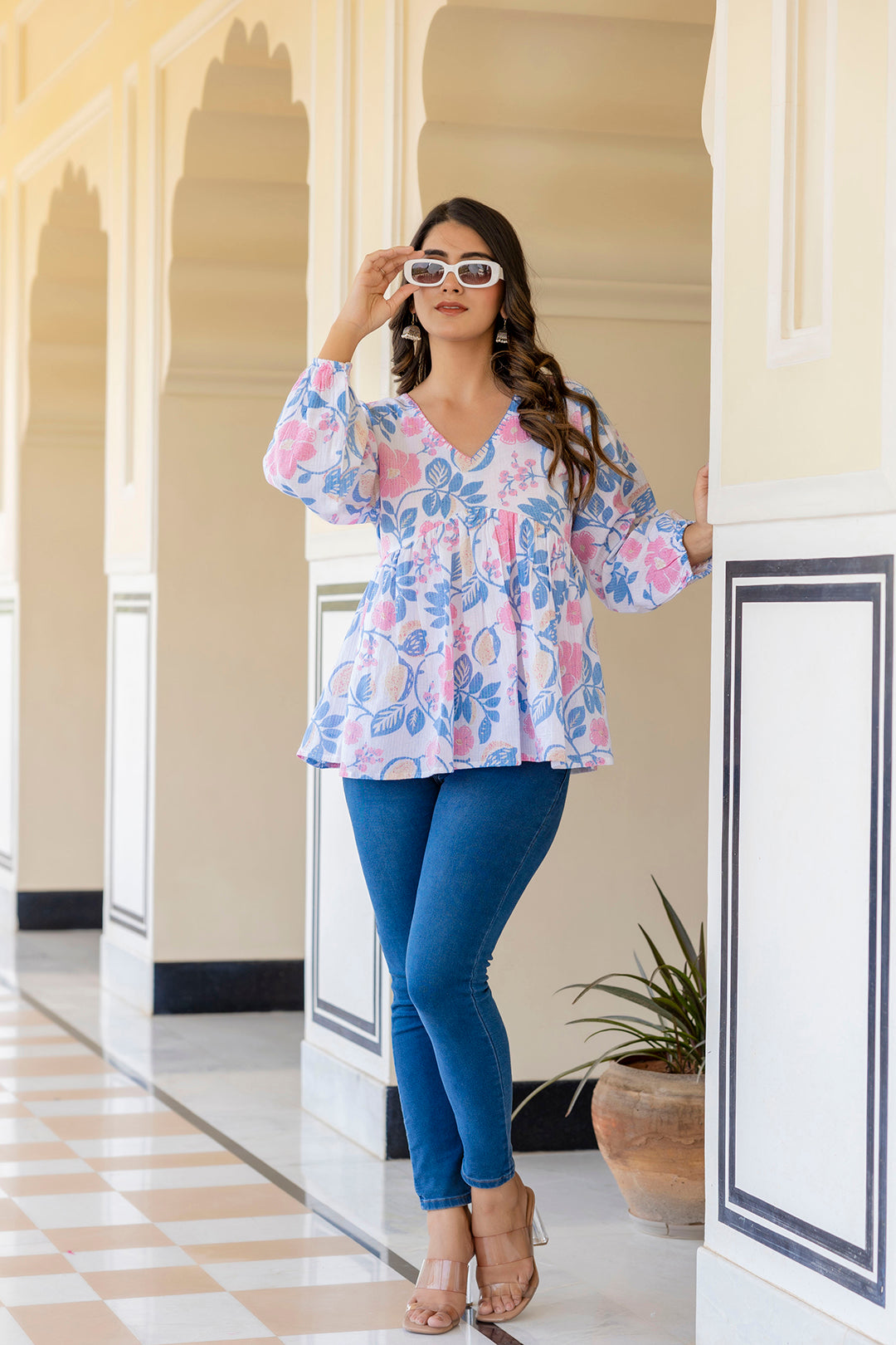 Women's White Floral Printed V-Neck Peplum Tunic - Taantav