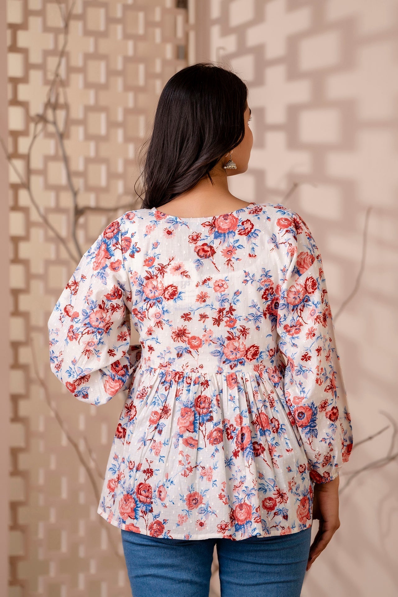 Women's White Floral Printed V-Neck Peplum Tunic - Taantav