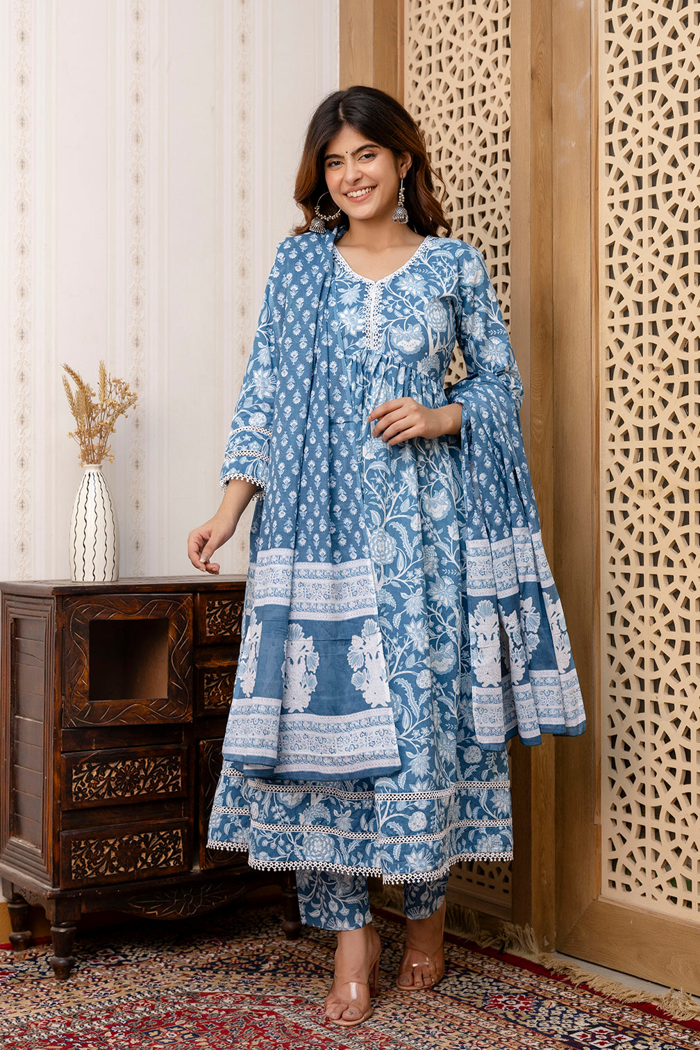 Women's Blue Floral Printed Anarkali Kurta And Trouser With Dupatta - Taantav