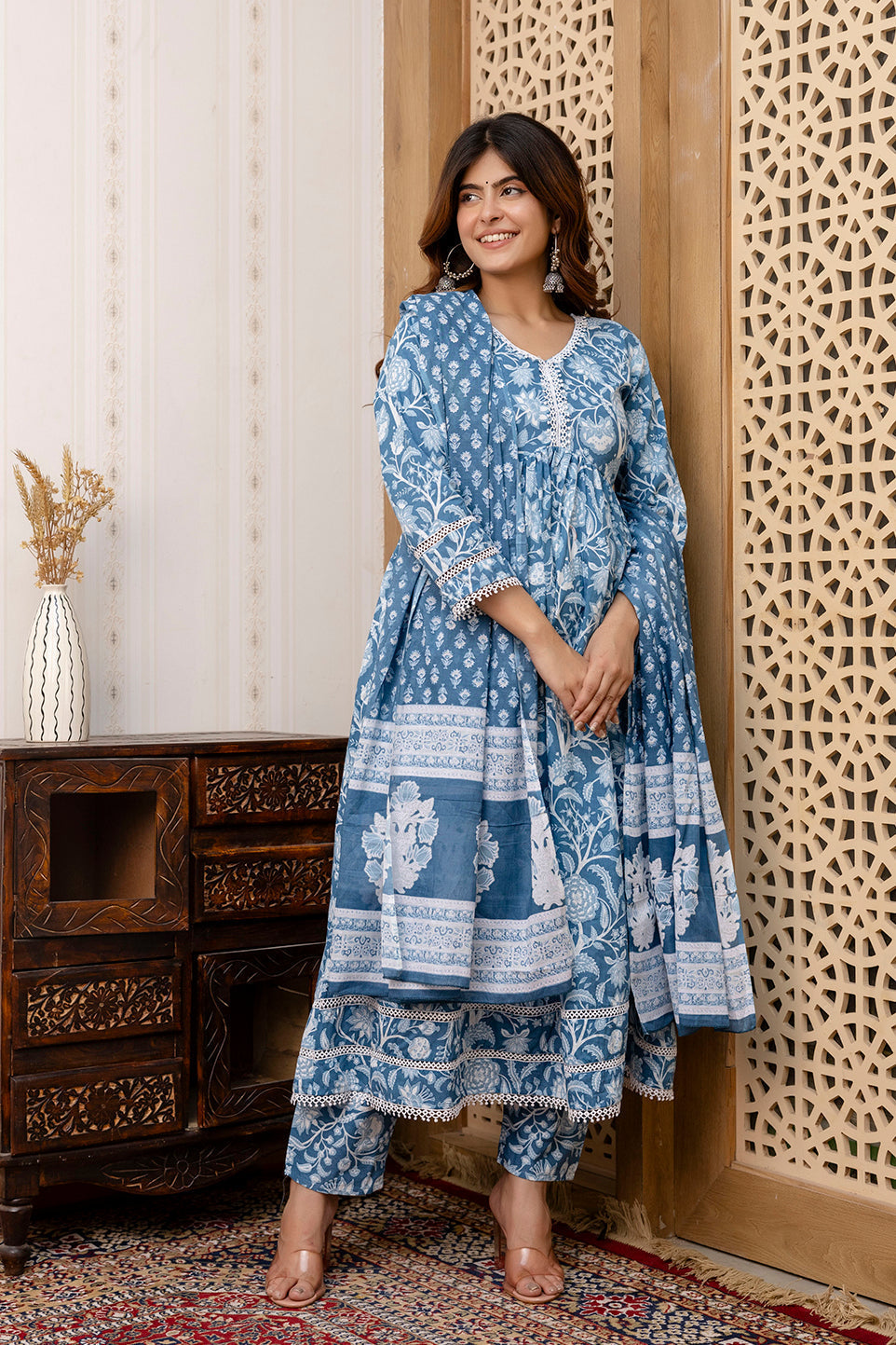 Women's Blue Floral Printed Anarkali Kurta And Trouser With Dupatta - Taantav