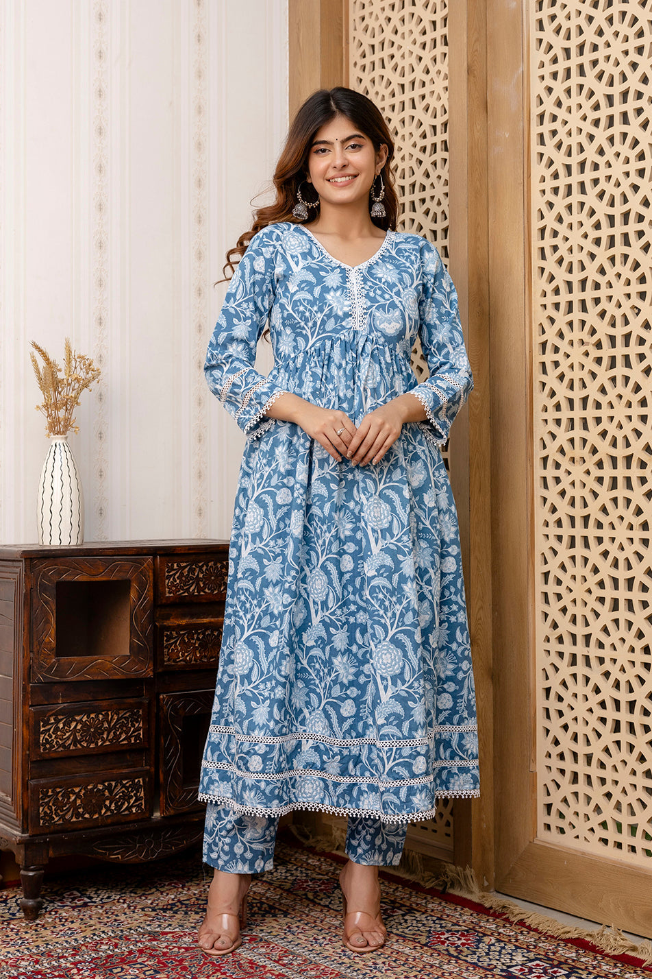 Women's Blue Floral Printed Anarkali Kurta And Trouser With Dupatta - Taantav