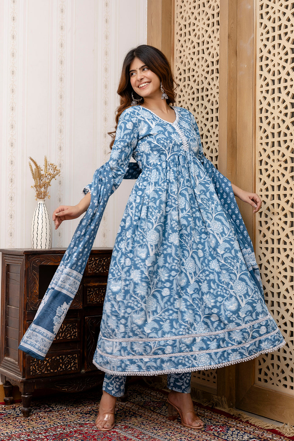 Women's Blue Floral Printed Anarkali Kurta And Trouser With Dupatta - Taantav