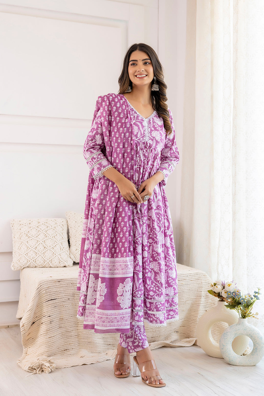 Women's Mauve Floral Printed Anarkali Kurta And Trouser With Dupatta - Taantav