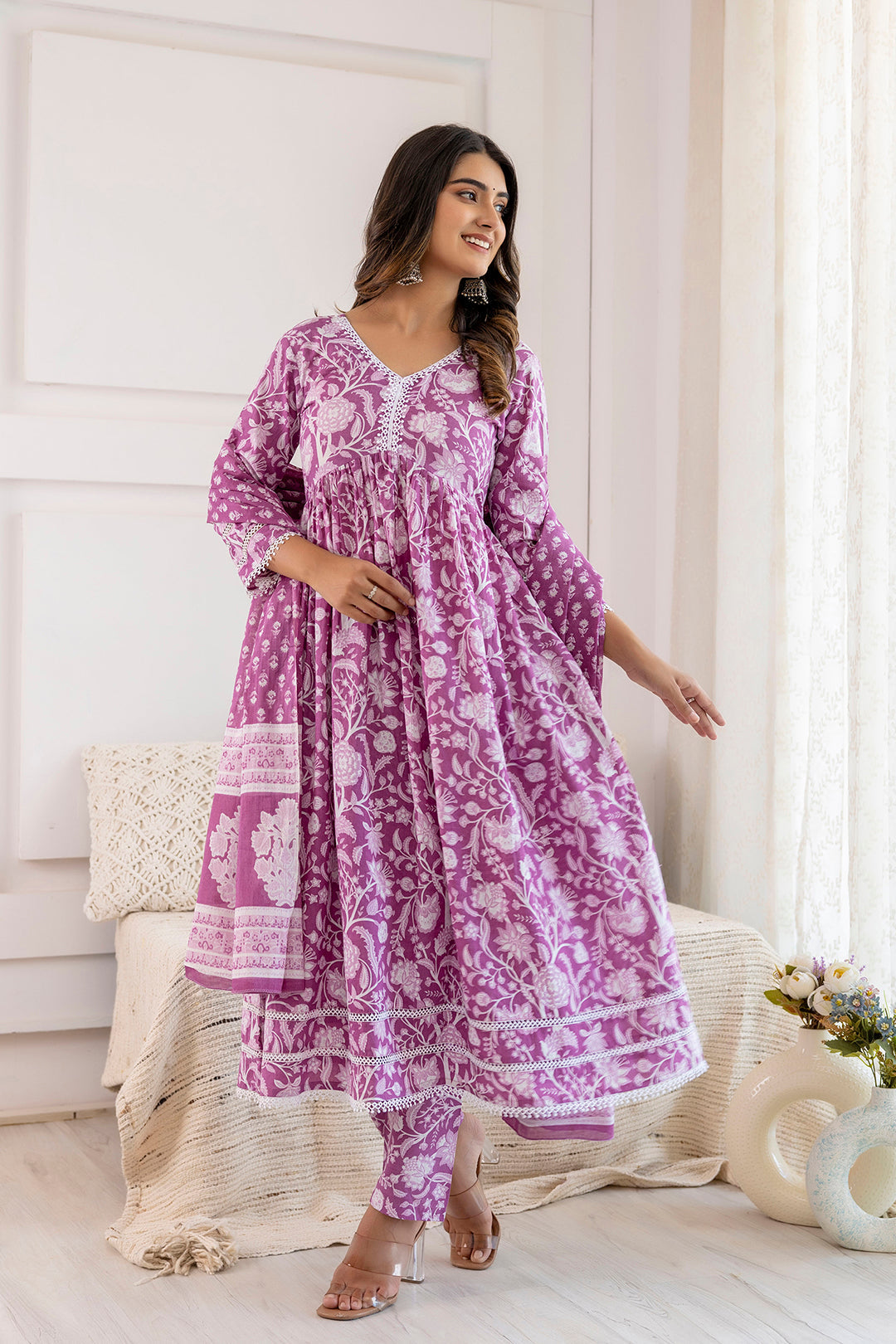 Women's Mauve Floral Printed Anarkali Kurta And Trouser With Dupatta - Taantav