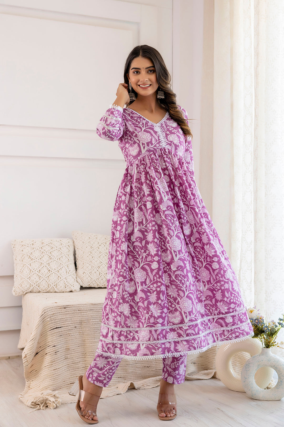 Women's Mauve Floral Printed Anarkali Kurta And Trouser With Dupatta - Taantav