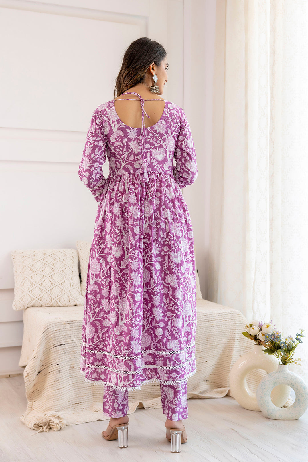 Women's Mauve Floral Printed Anarkali Kurta And Trouser With Dupatta - Taantav