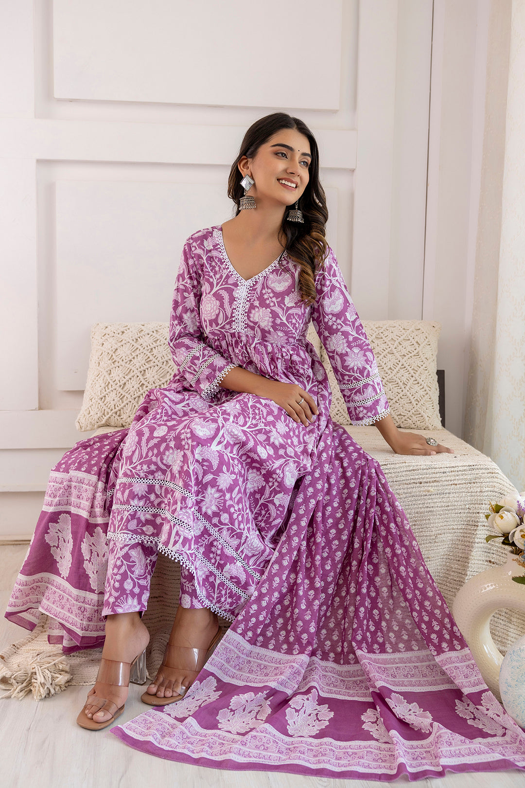 Women's Mauve Floral Printed Anarkali Kurta And Trouser With Dupatta - Taantav