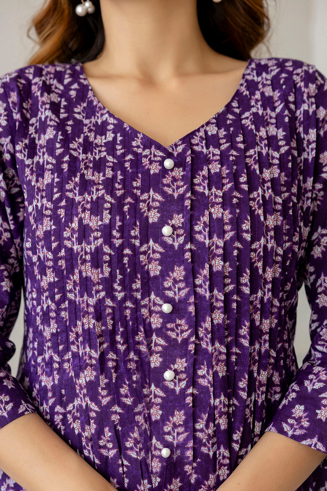 Women's Purple Printed A-Line Kurta with Three Quarter Sleeves - Taantav