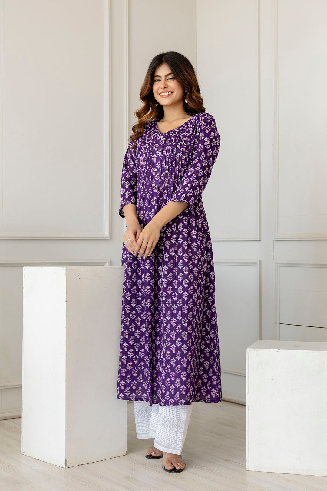 Women's Purple Printed A-Line Kurta with Three Quarter Sleeves - Taantav