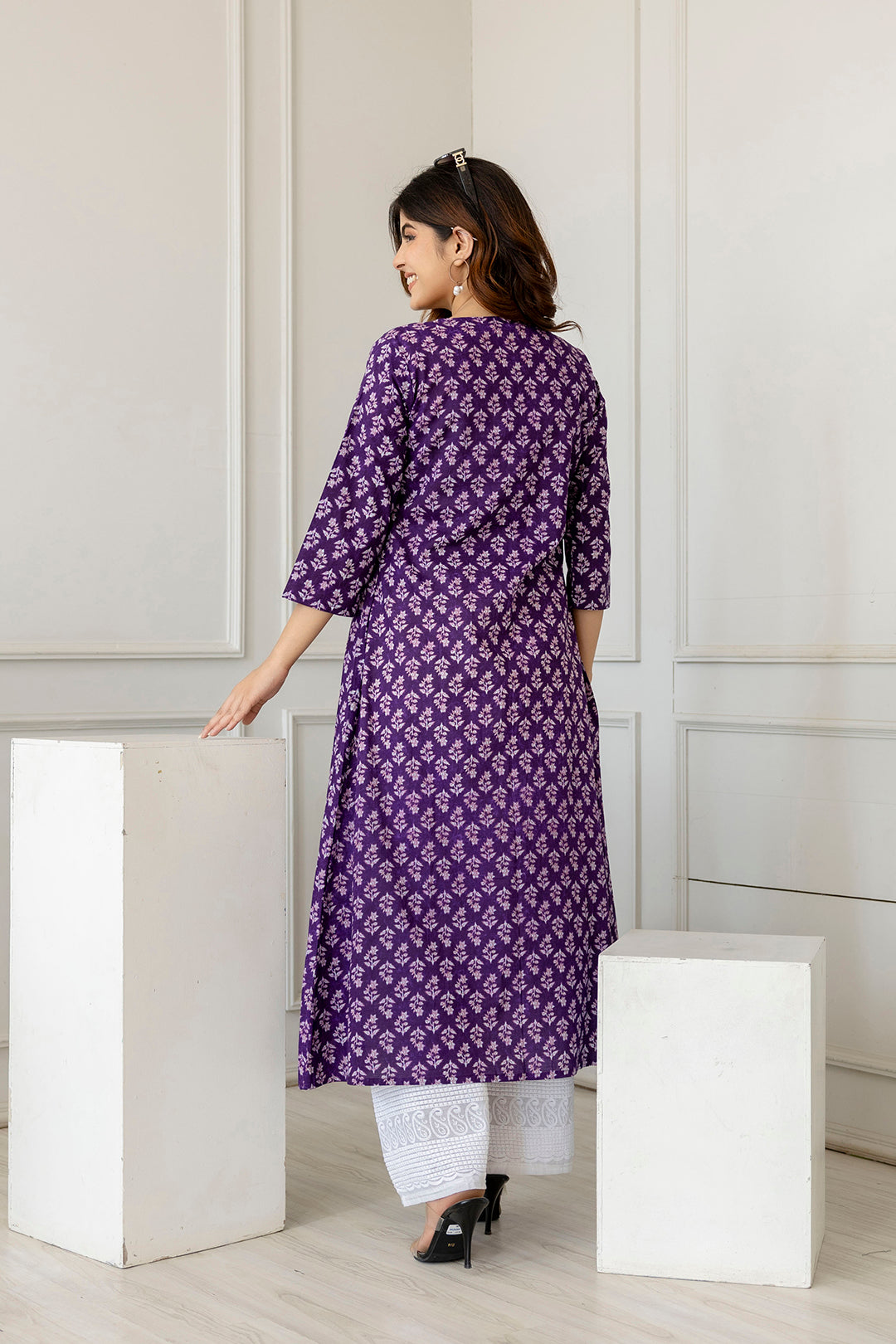 Women's Purple Printed A-Line Kurta with Three Quarter Sleeves - Taantav