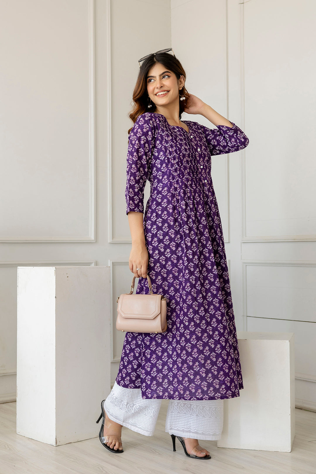 Women's Purple Printed A-Line Kurta with Three Quarter Sleeves - Taantav