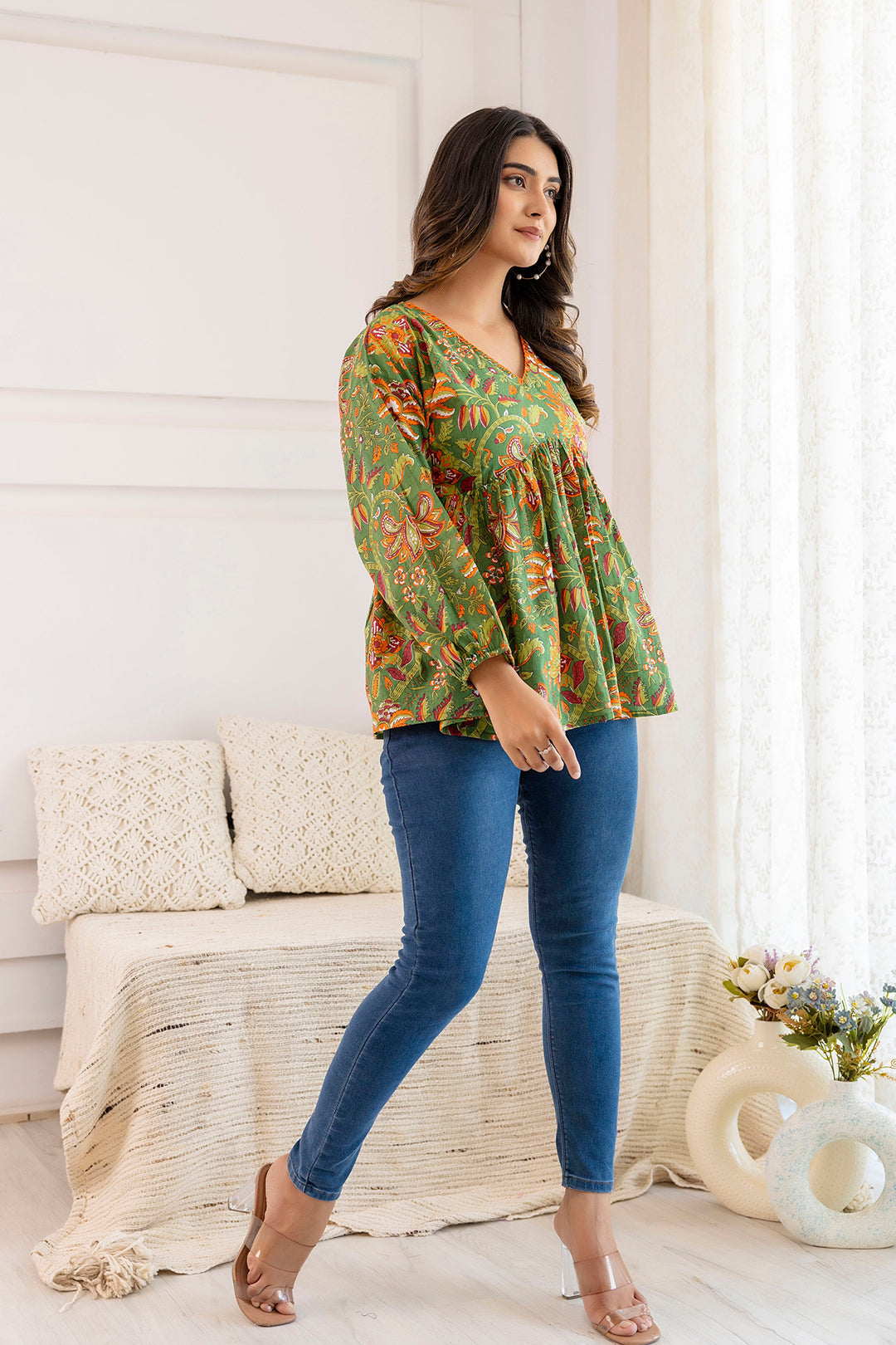 Women's Green Printed V-Neck Peplum Tunic - Taantav