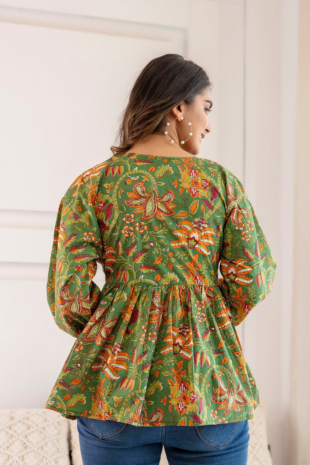 Women's Green Printed V-Neck Peplum Tunic - Taantav