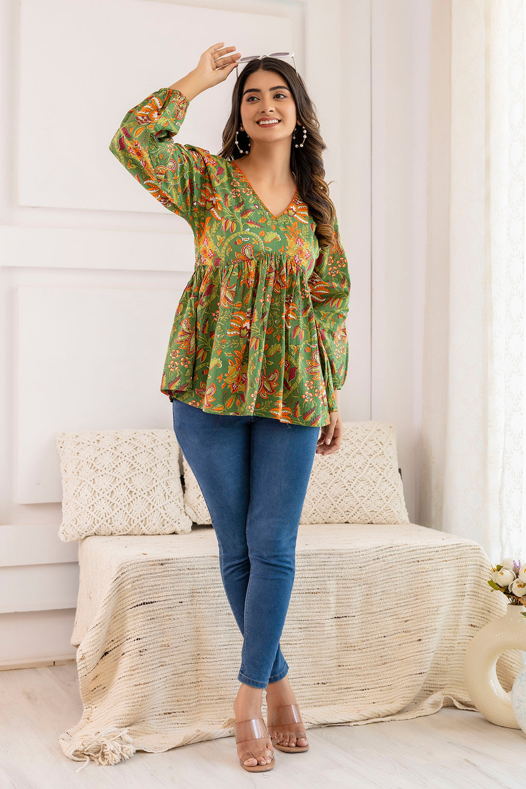 Women's Green Printed V-Neck Peplum Tunic - Taantav