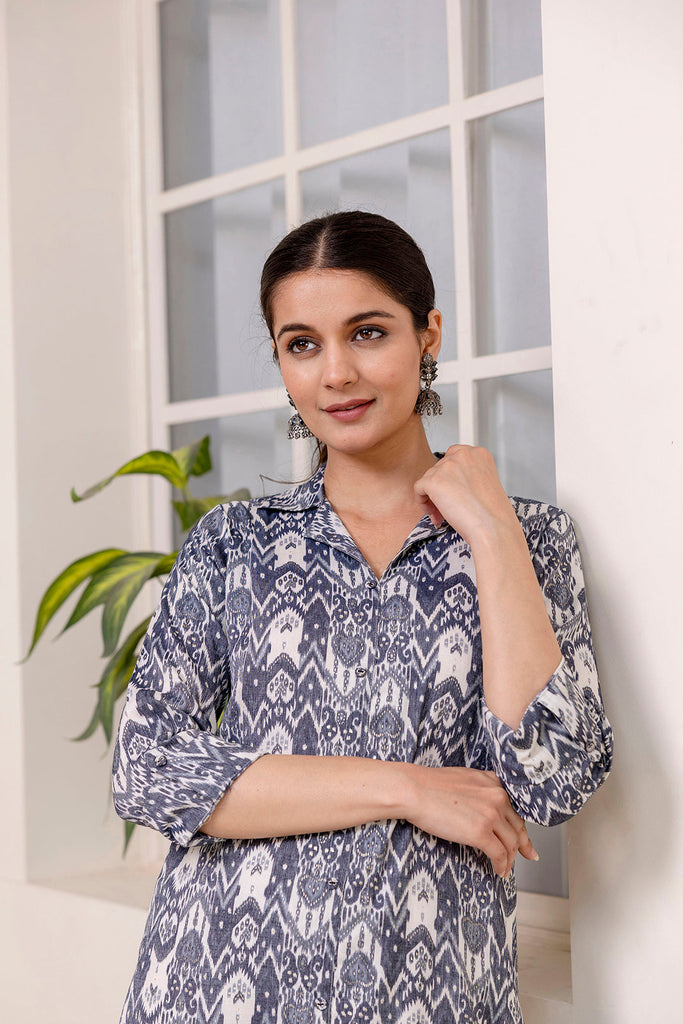 Women's Grey Printed Straight Shirt Collar Kurta