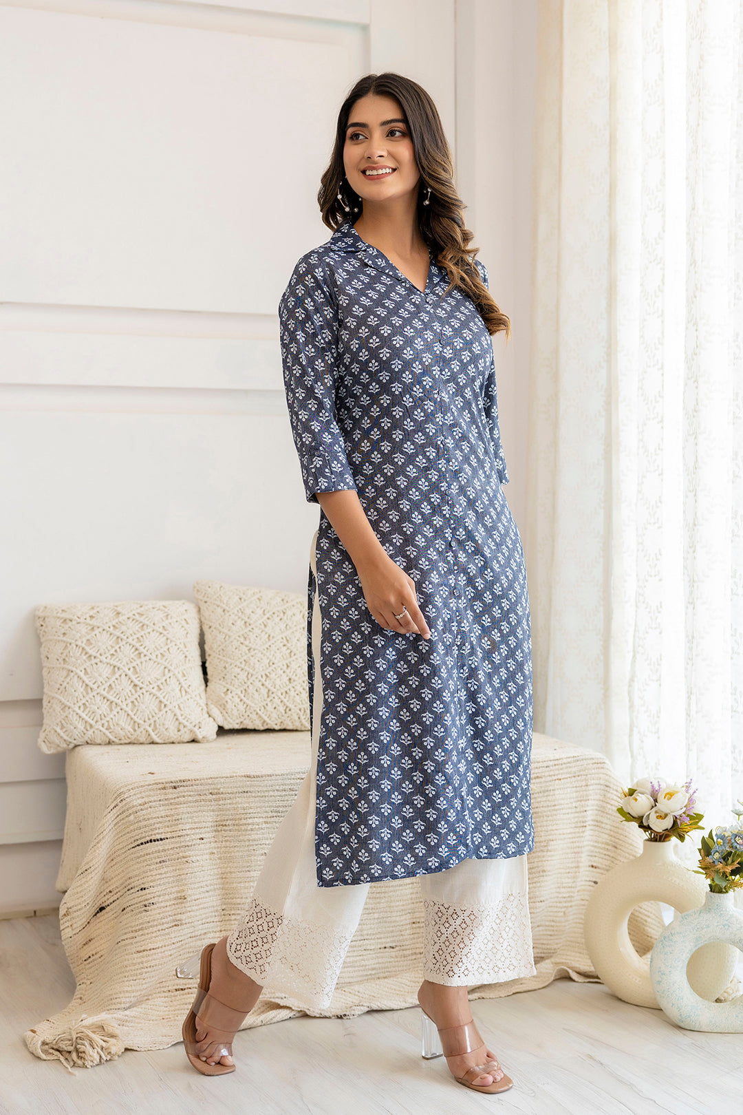 Women's Blue Grey Printed Straight Shirt Collar Kurta - Taantav