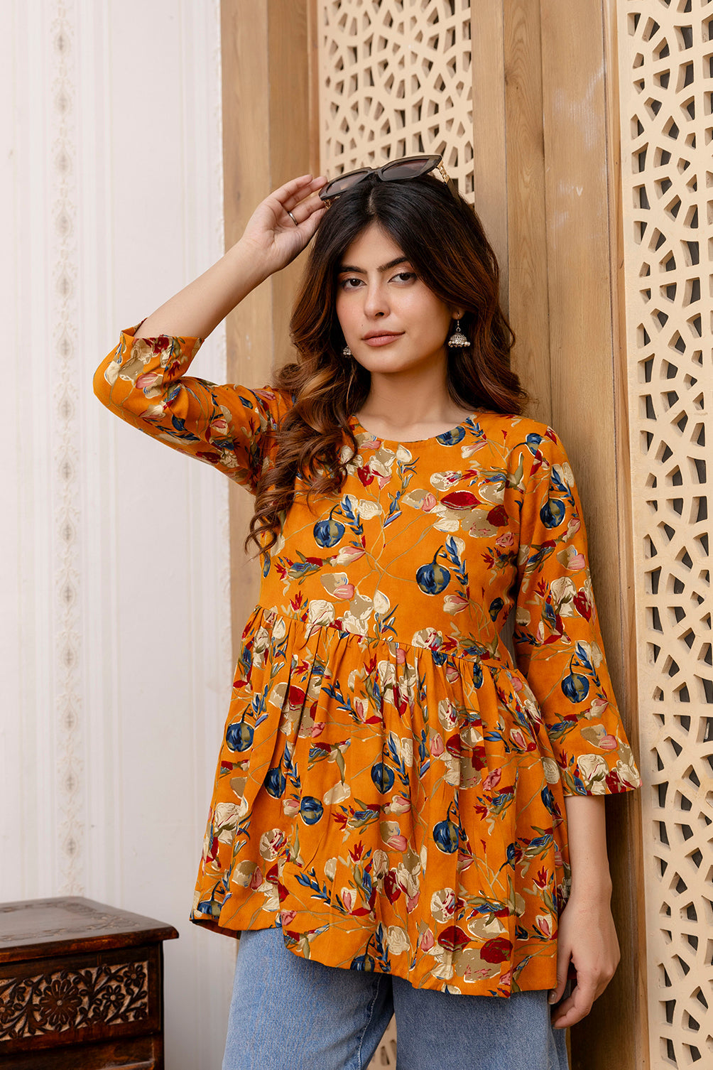 Women's Mustard Printed V-Neck Peplum Tunic - Taantav