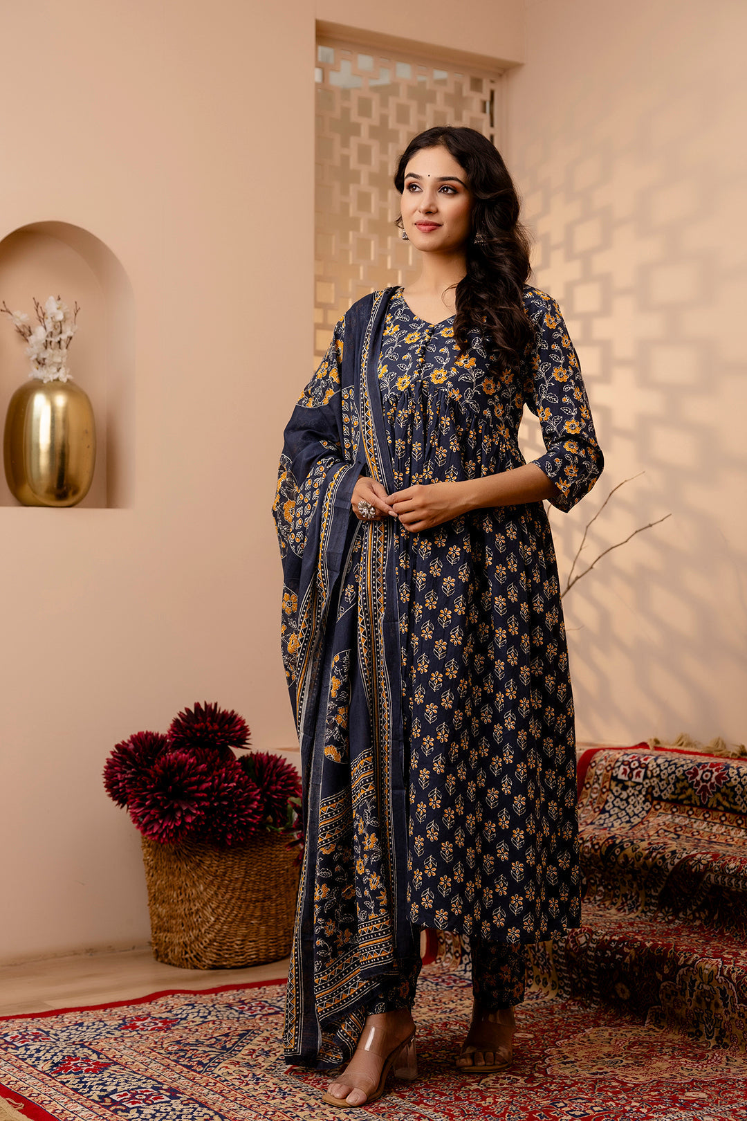 Women's Grey Floral Printed Anarkali Kurta And Trouser With Dupatta - Taantav