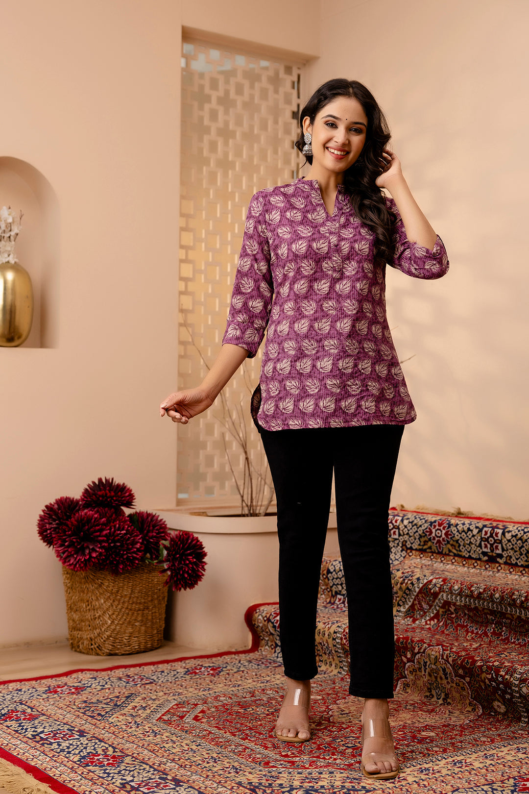 Women's Purple Printed Straight Tunic - Taantav