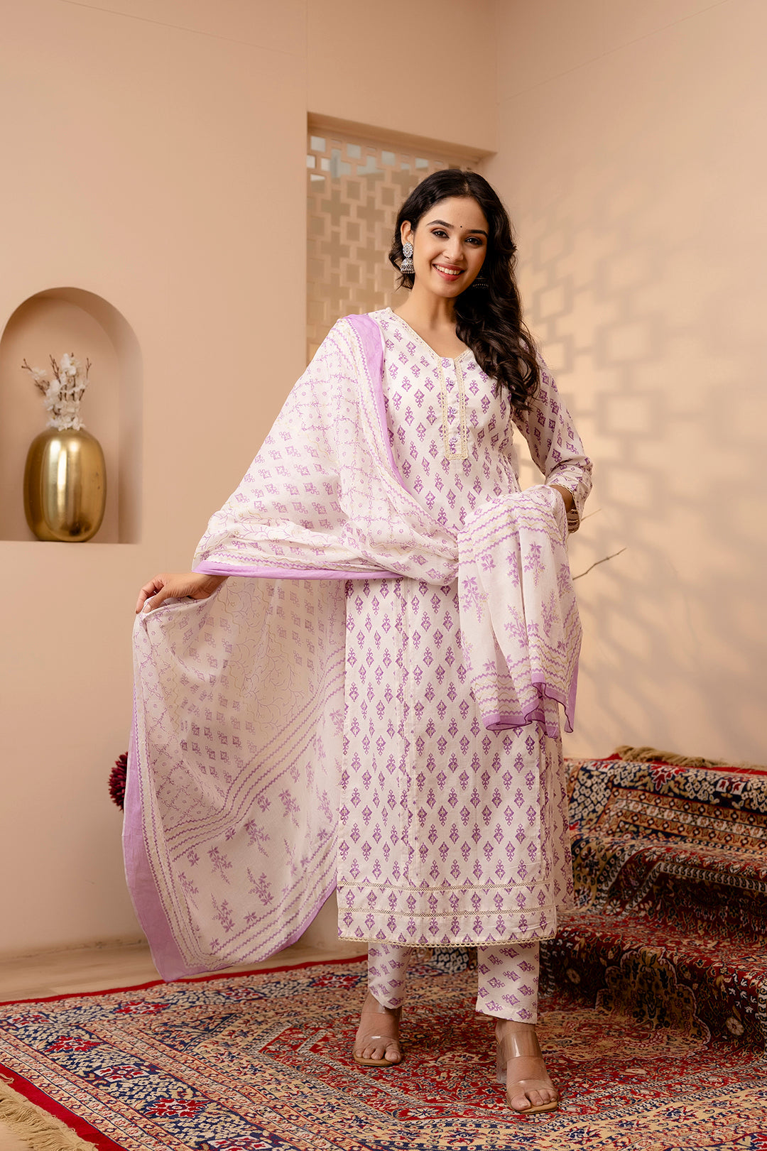 Women's White and Purple Printed Straight Kurta And Trouser With Dupatta - Taantav