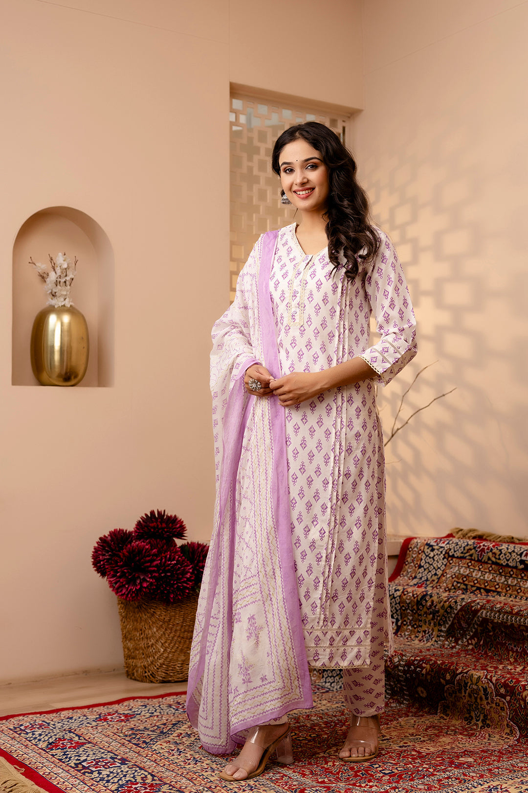 Women's White and Purple Printed Straight Kurta And Trouser With Dupatta - Taantav