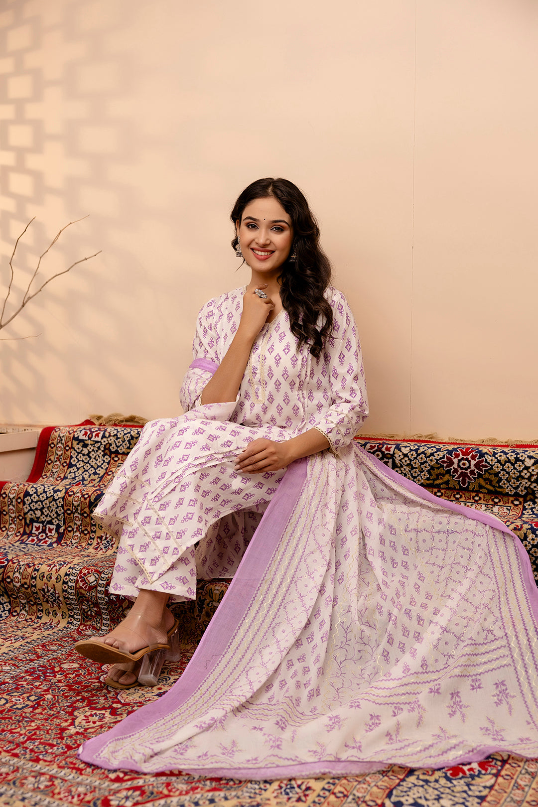 Women's White and Purple Printed Straight Kurta And Trouser With Dupatta - Taantav