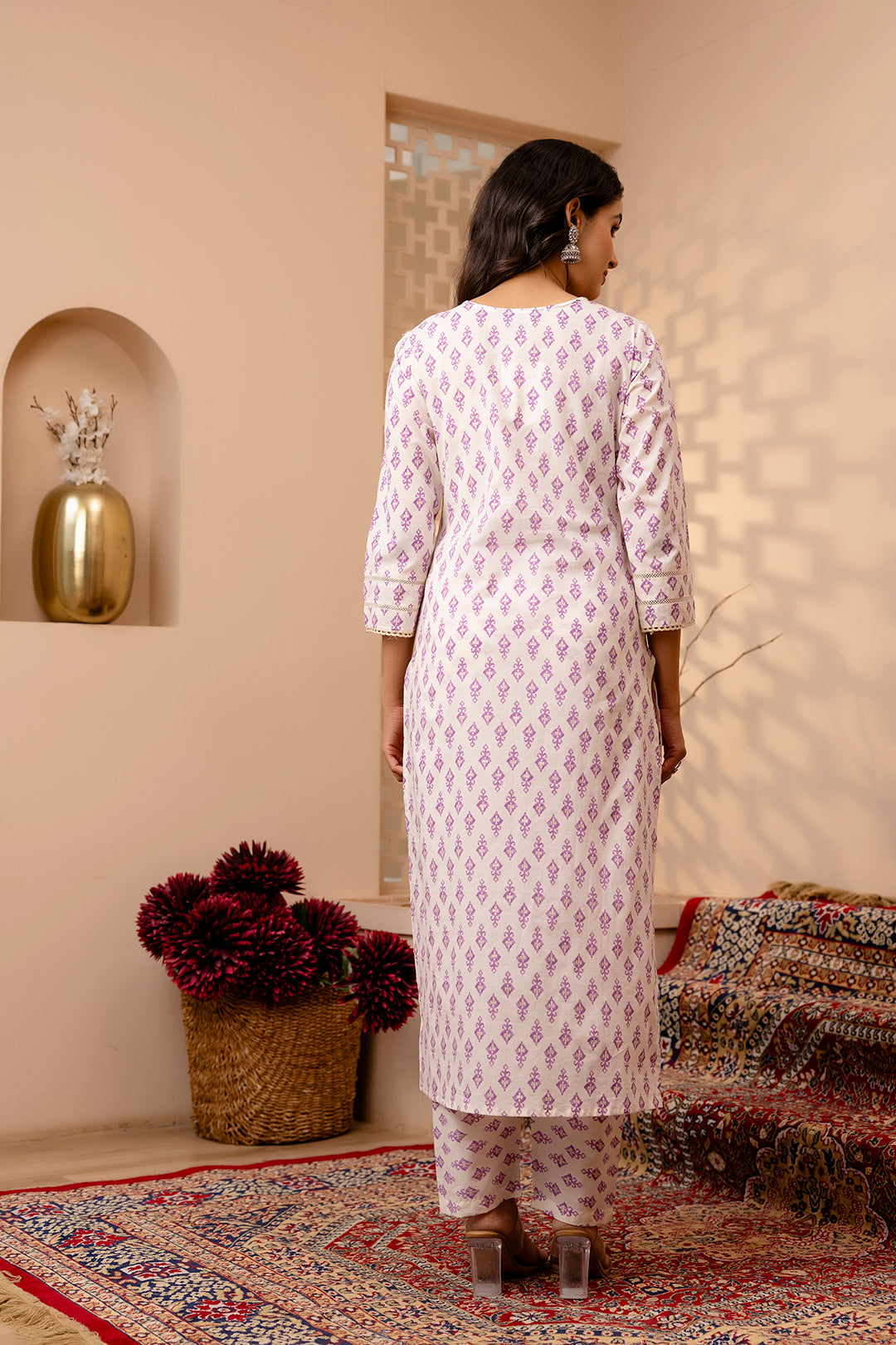 Women's White and Purple Printed Straight Kurta And Trouser With Dupatta - Taantav