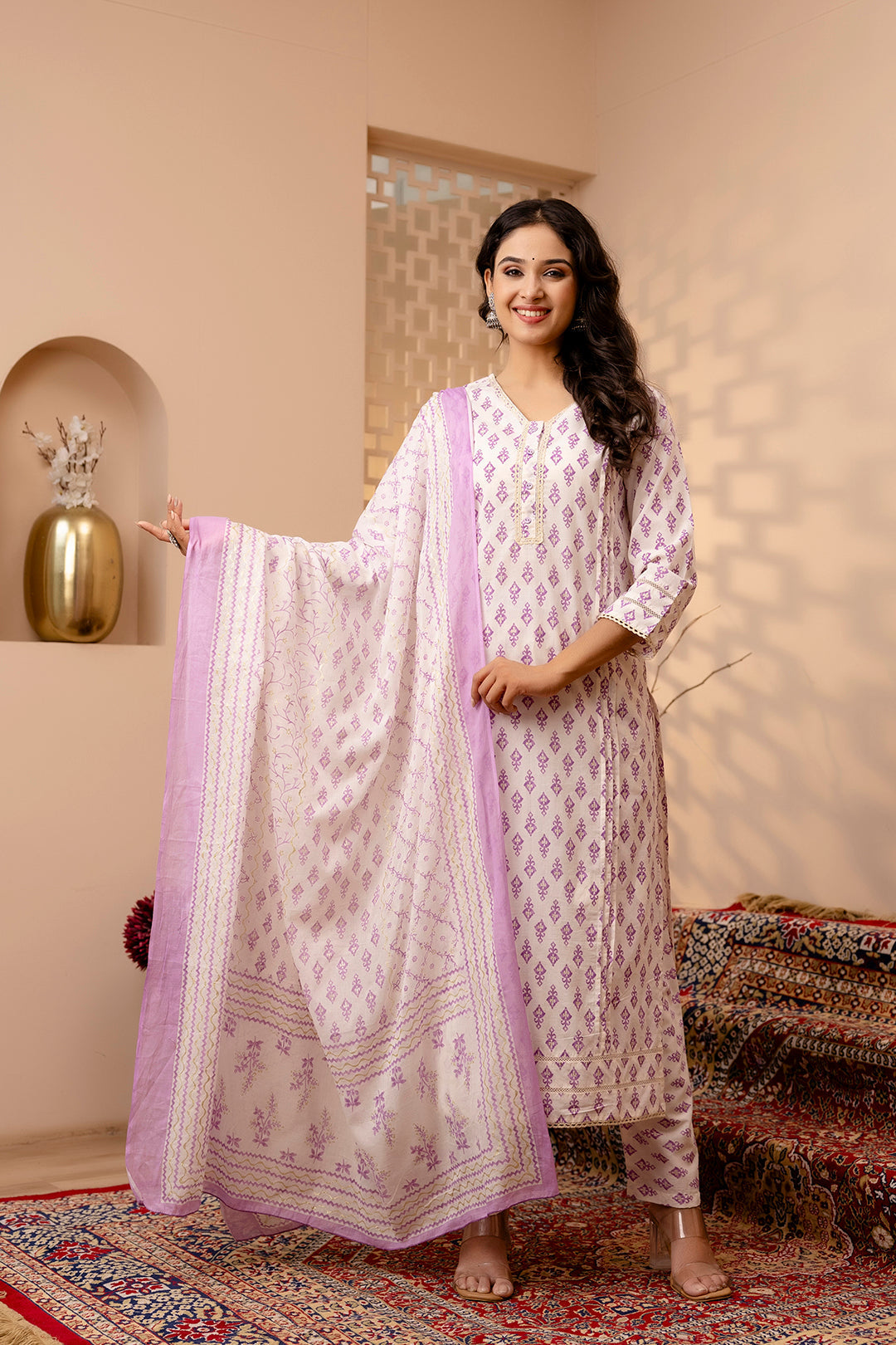 Women's White and Purple Printed Straight Kurta And Trouser With Dupatta - Taantav