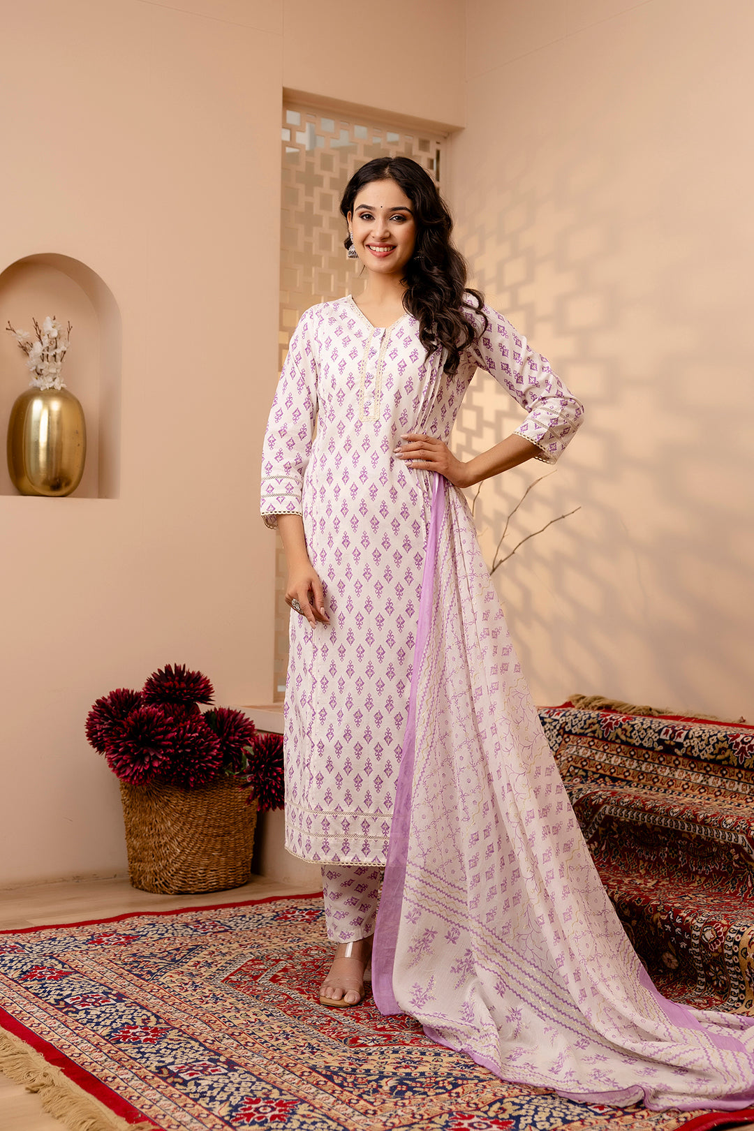 Women's White and Purple Printed Straight Kurta And Trouser With Dupatta - Taantav