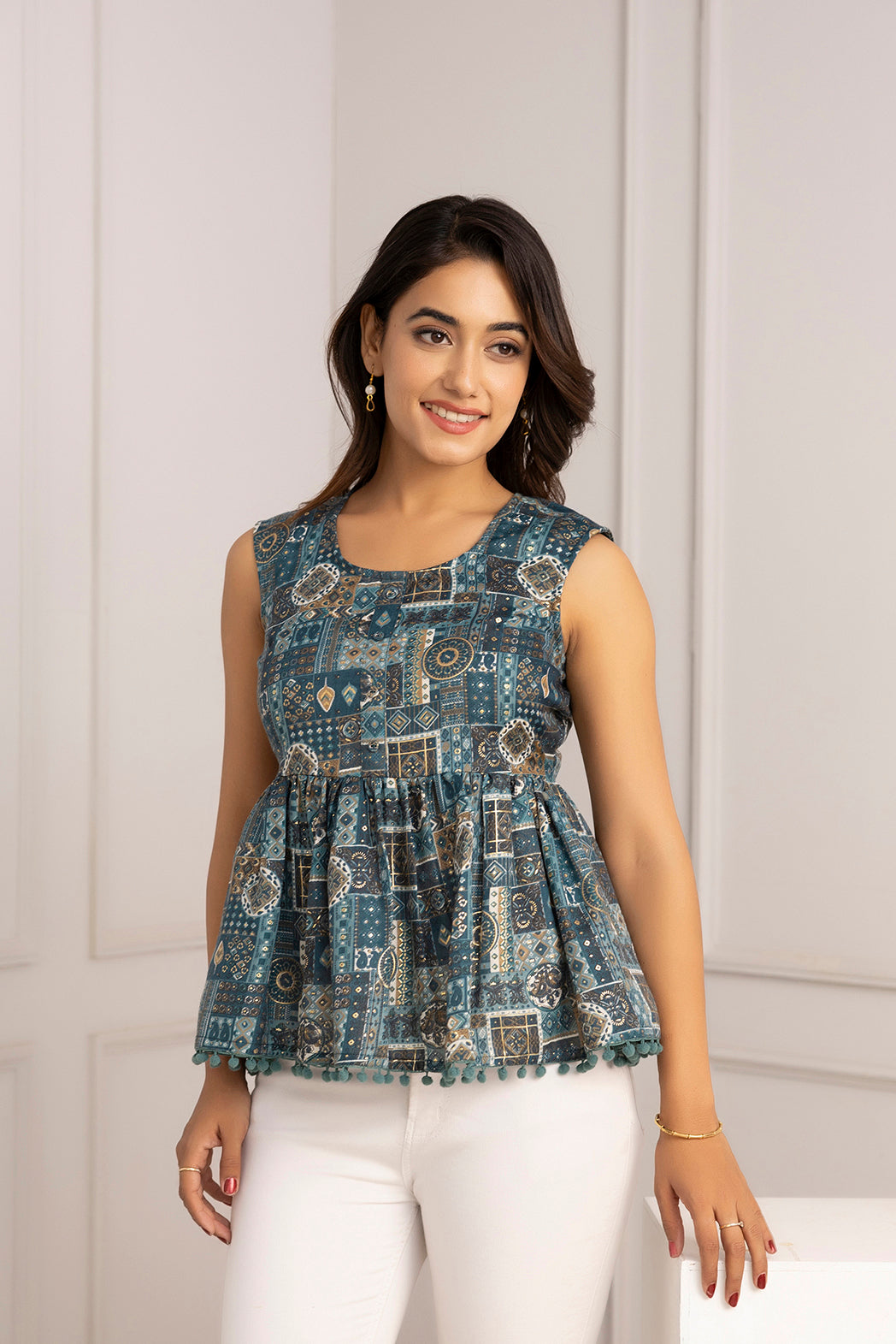 Women's Teal Blue Printed Peplum Tunic - Taantav