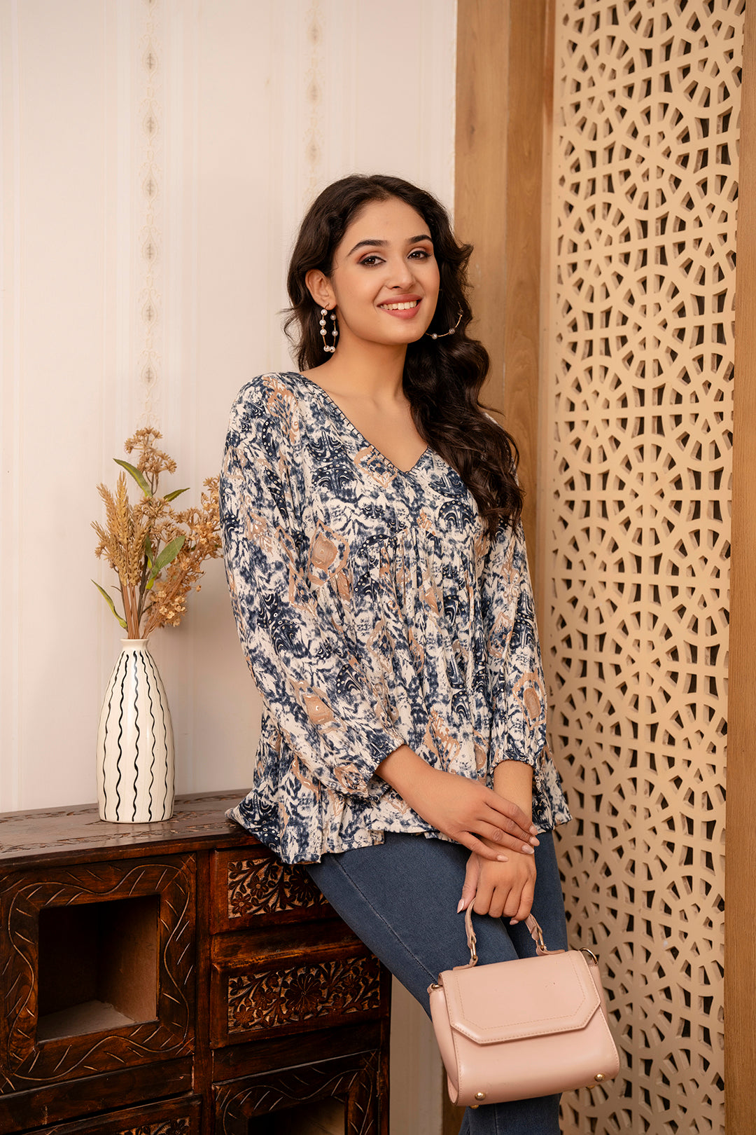 Women's Blue Printed Peplum Tunic - Taantav