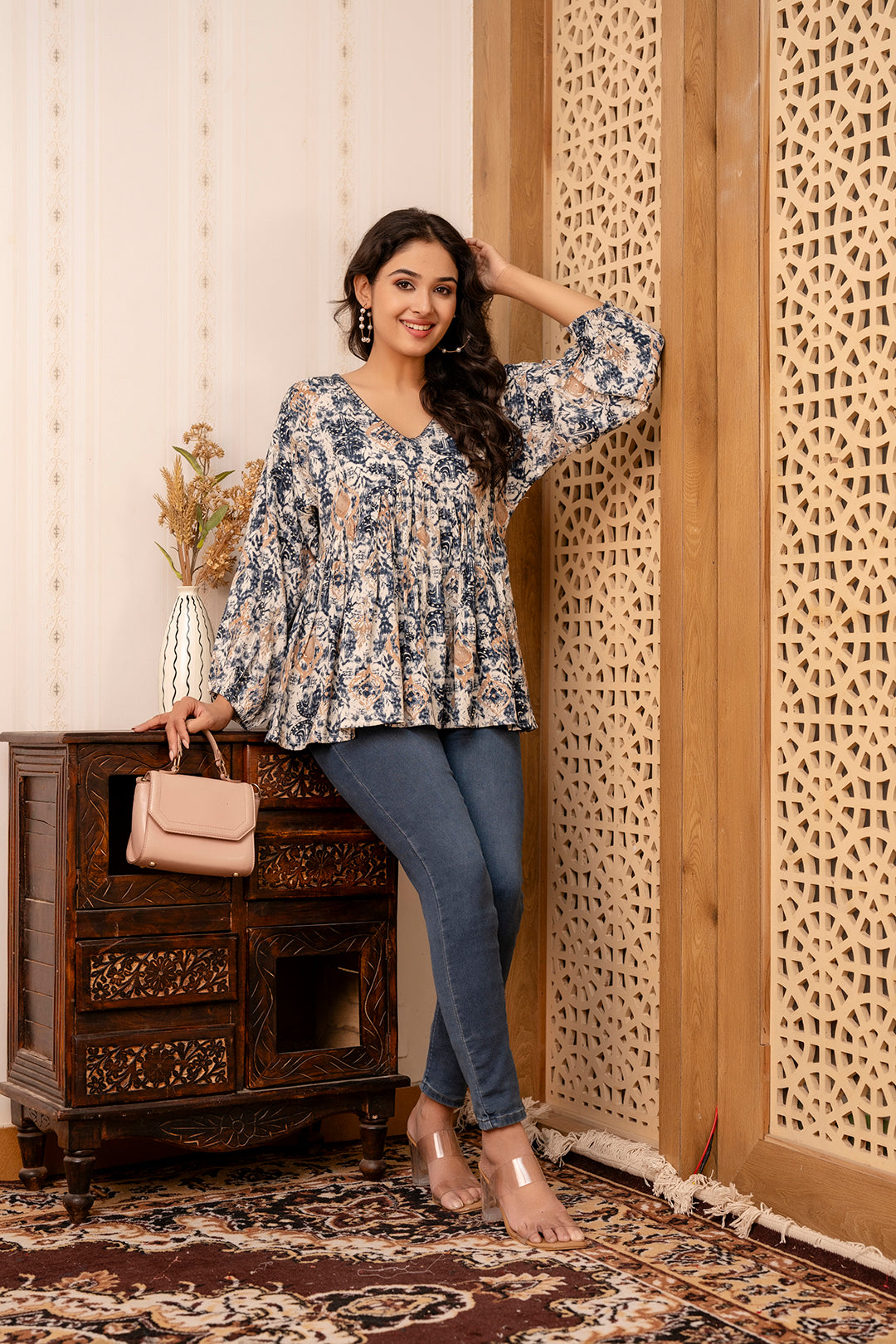 Women's Blue Printed Peplum Tunic - Taantav