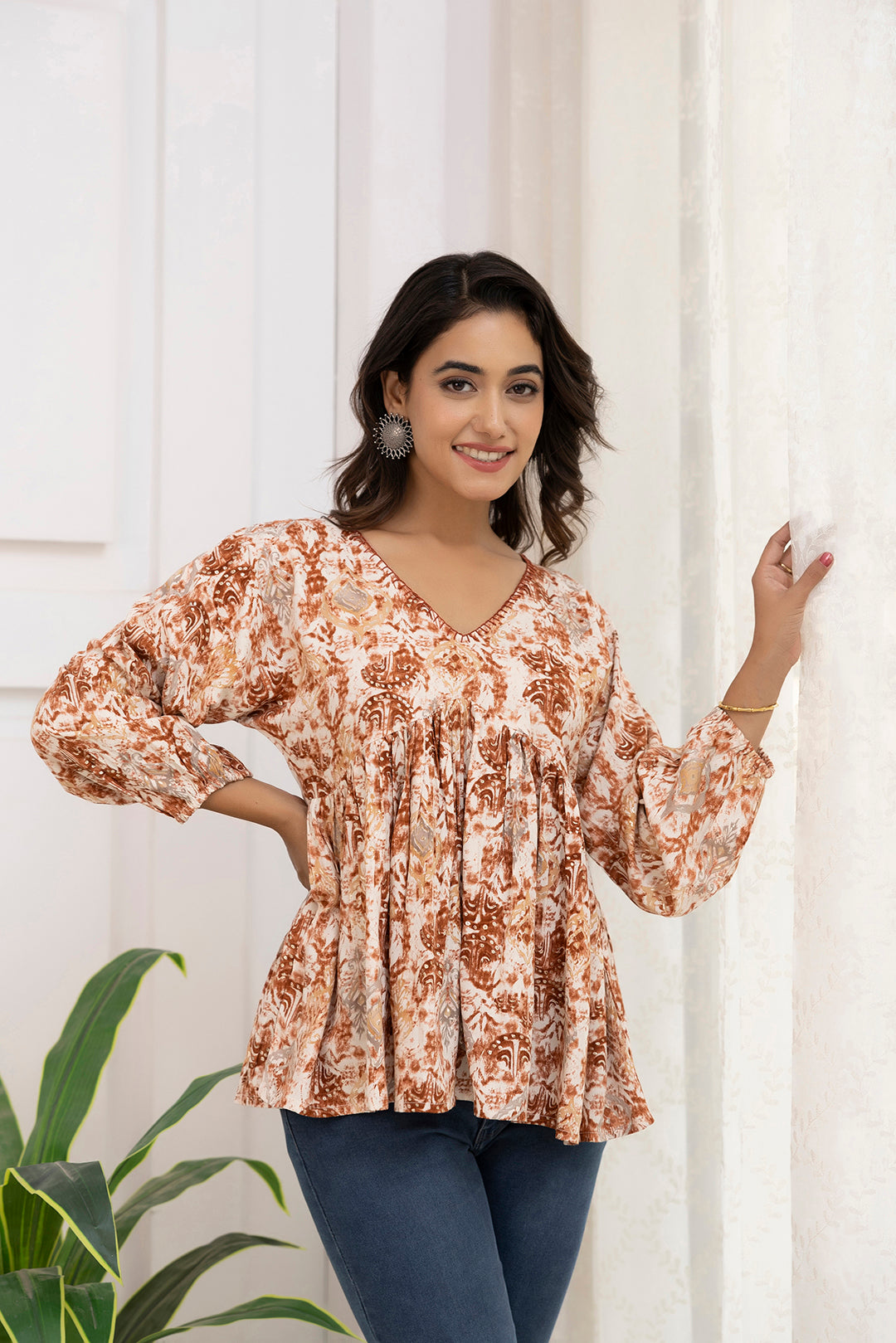 Women's Rust Printed Peplum Tunic - Taantav