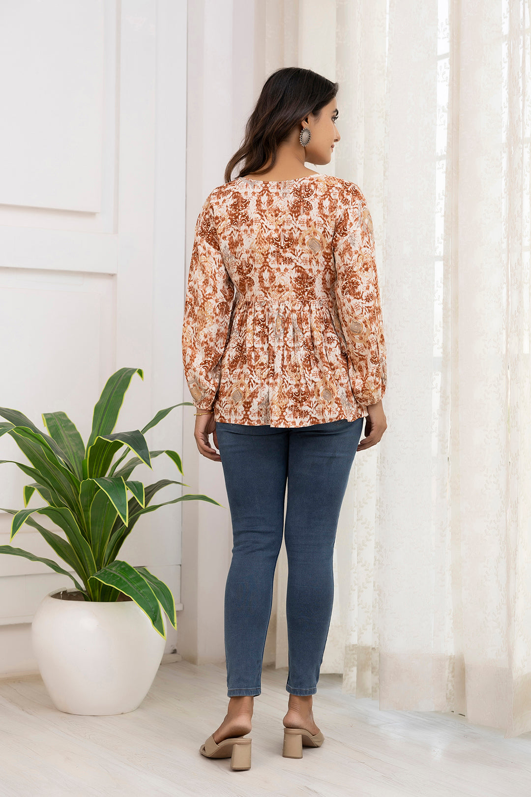 Women's Rust Printed Peplum Tunic - Taantav