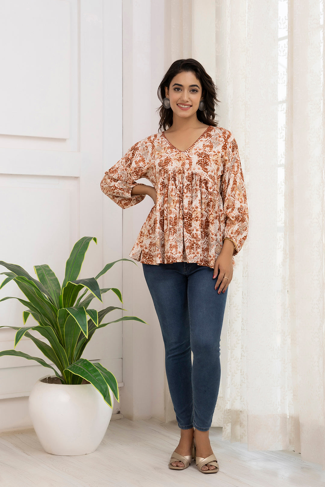 Women's Rust Printed Peplum Tunic - Taantav