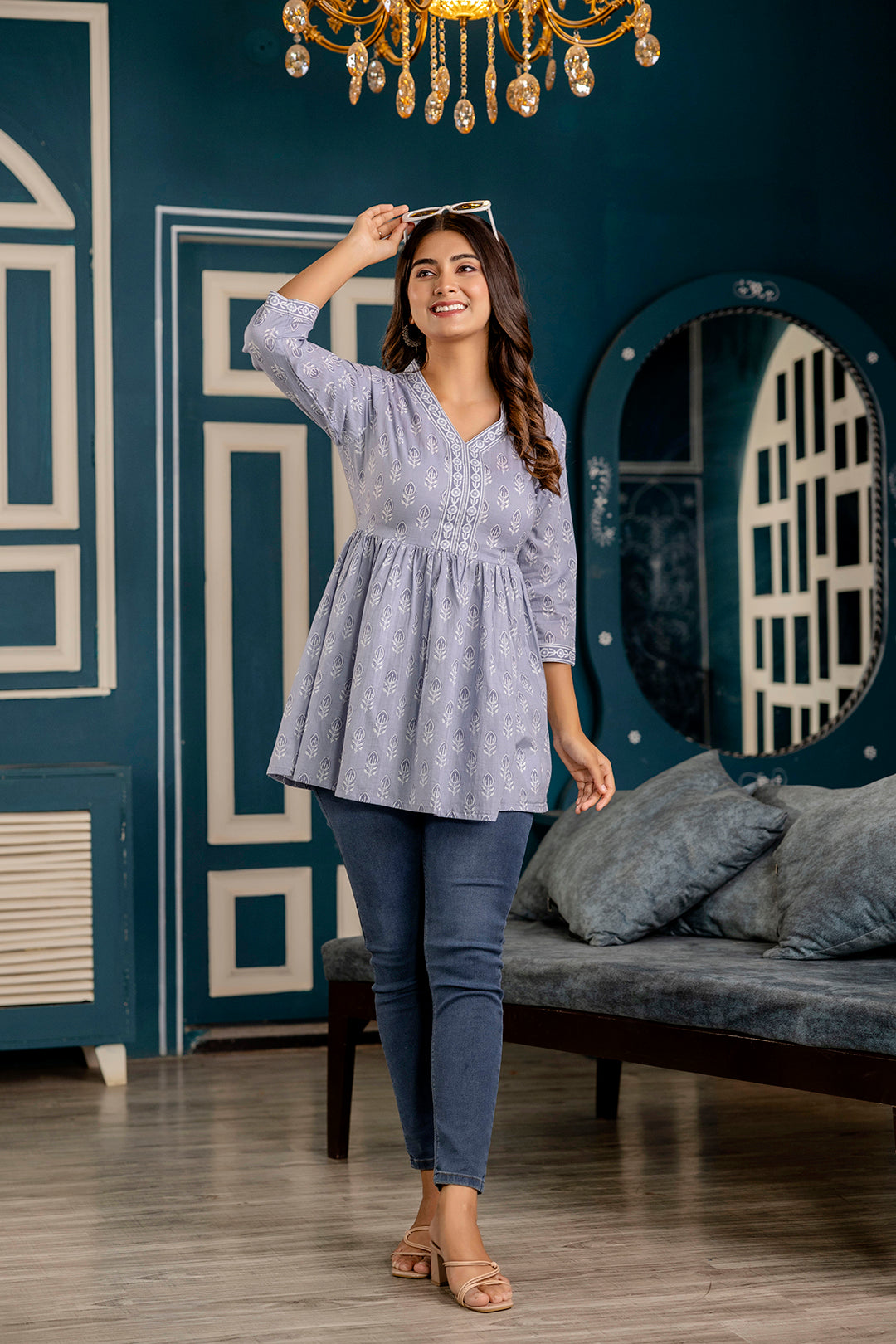 Women's Blue Printed Peplum Tunic - Taantav