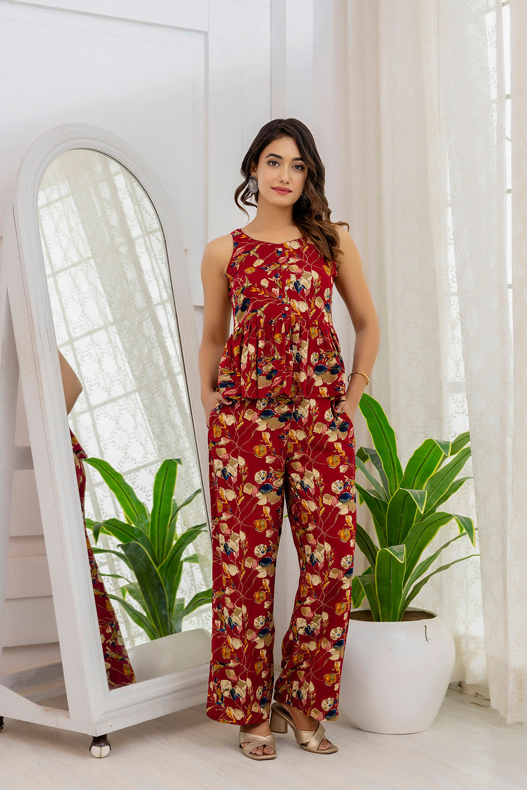 Women's Maroon Printed Co-Ord set - Taantav