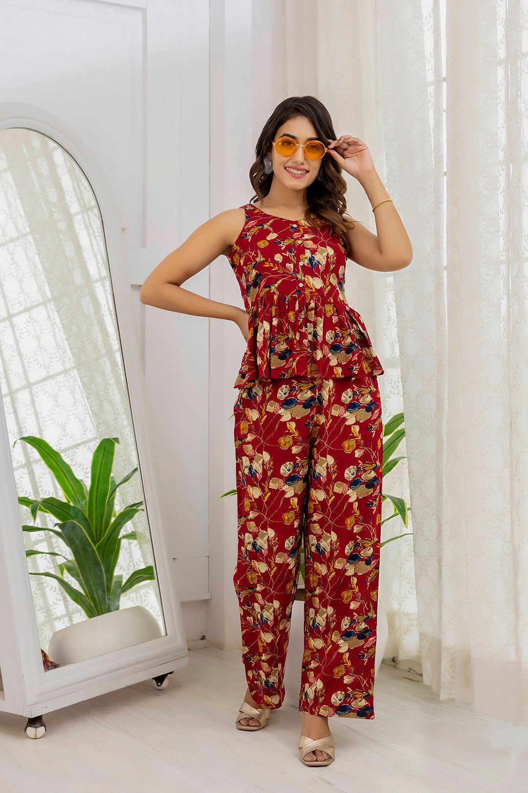 Women's Maroon Printed Co-Ord set - Taantav