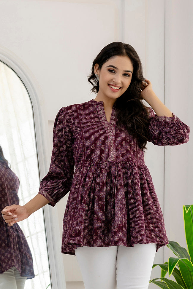 Women's Purple Printed Peplum Tunic - Taantav